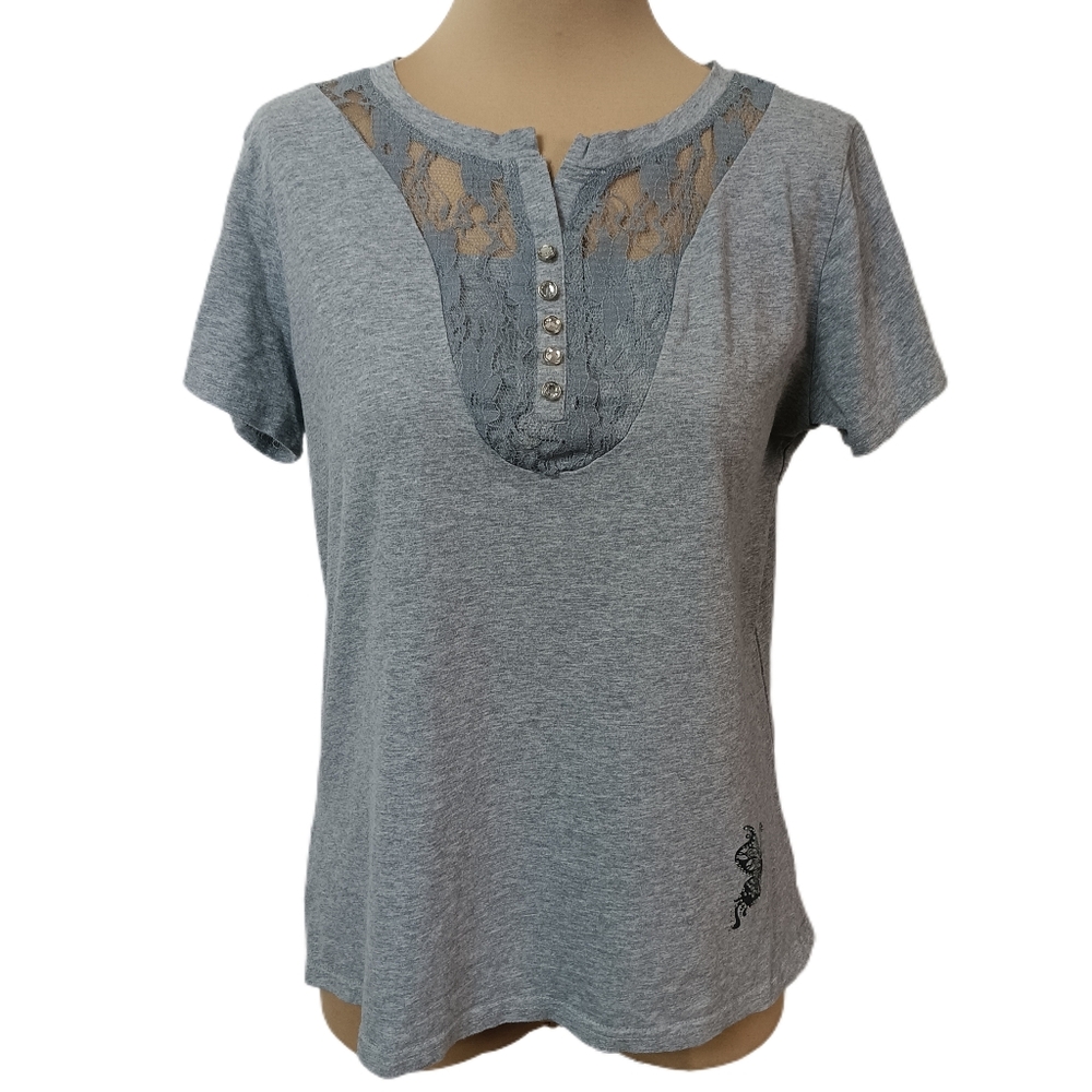 Vintage Y2k Na Shi Di T-Shirt Womens L Gray Bling Rhinestone Lace‎ Butterflies